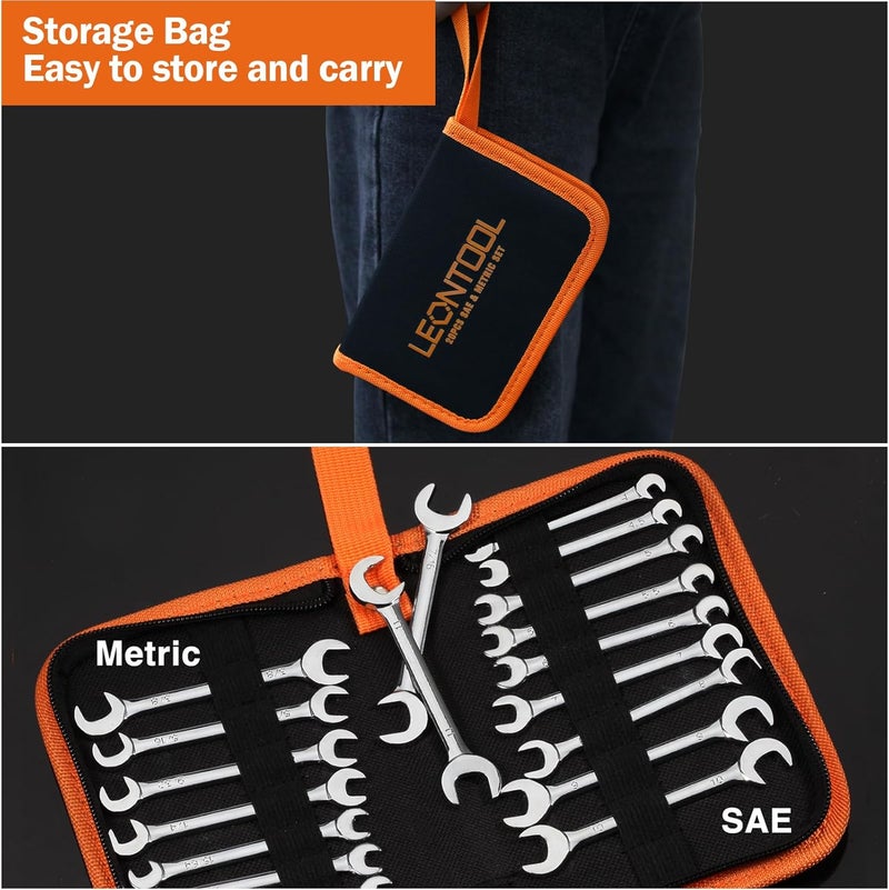 LEONTOOL Mini Double Open End Wrench Set Metric and SAE 20 Pcs 4-11mm & 5/32" to 7/16" Mirror Chrome Finish Super Thin Open Ended Spanner Double Angle Head with Portable Storage Pouches - Image 5